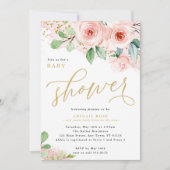 Invitation Baby shower, rose et or Aquarelle Fleurs (Devant)