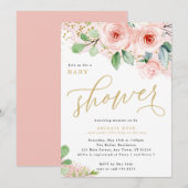 Invitation Baby shower, rose et or Aquarelle Fleurs (Devant / Derrière)