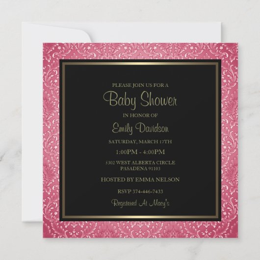 Invitation Baby shower rose et or Bow/Damask (Dos)