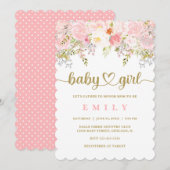 Invitation Baby shower rose et or Floral fille (Devant / Derrière)