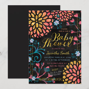 Invitation Baby shower rose et or noir Floral coloré