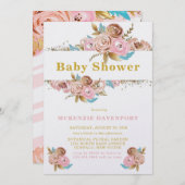 Invitation Baby shower rose et or Turquoise Peony (Devant / Derrière)