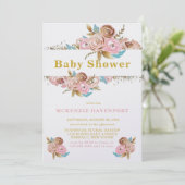 Invitation Baby shower rose et or Turquoise Peony (Debout devant)