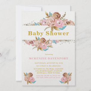 Invitation Baby shower rose et or Turquoise Peony