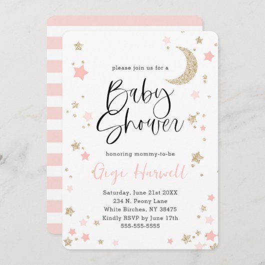 Invitation Baby shower rose et Parties scintillant or Twinkle (Devant / Derrière)