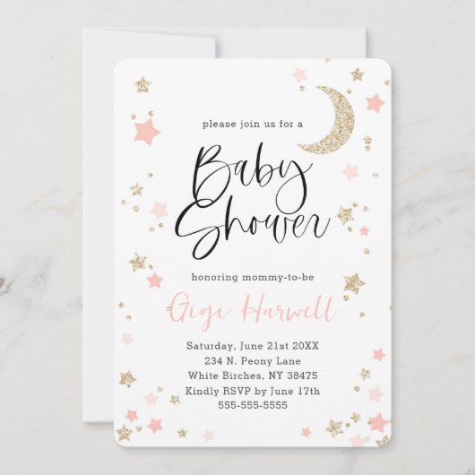Invitation Baby shower rose et Parties scintillant or Twinkle (Devant)