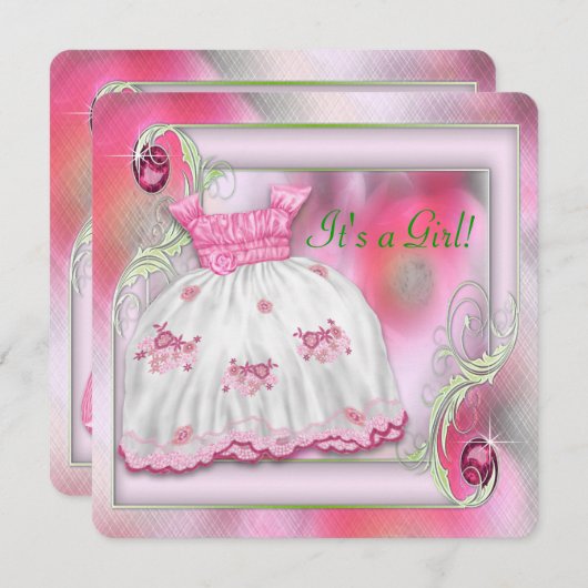 Invitation Baby shower rose et vert (Devant / Derrière)