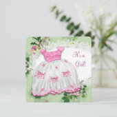 Invitation Baby shower rose et vert fleuri (Debout devant)