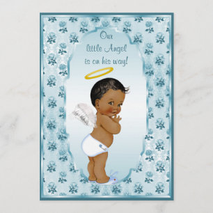 Invitation Baby shower Rose ethnique Little Boy Angel Blue