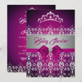 Invitation Baby shower rose étincelle diamant Tiara Bow (Devant / Derrière)