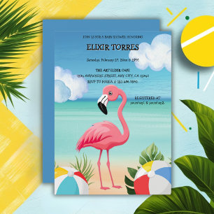 Invitation Baby Shower Rose Flamant de Plage d'Été