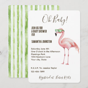 Invitation Baby shower rose Flamant rose vert rayures blanche