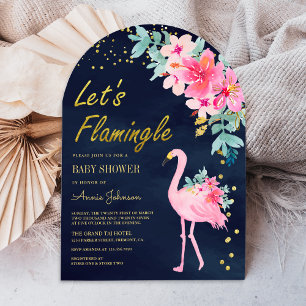 Invitation Baby Shower Rose Flamant Tropical Floral Navy