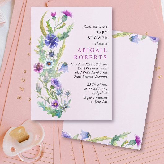 Invitation Baby shower rose fleur sauvage ressort