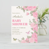 Invitation Baby shower rose fleuri (Debout devant)