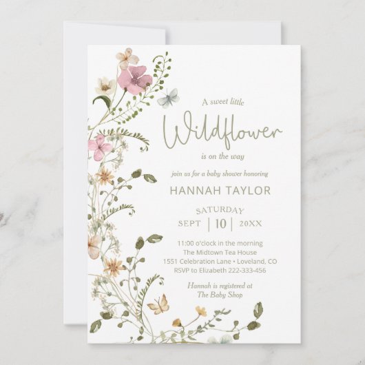 Invitation Baby shower rose fleuri Fleur sauvage (Devant)