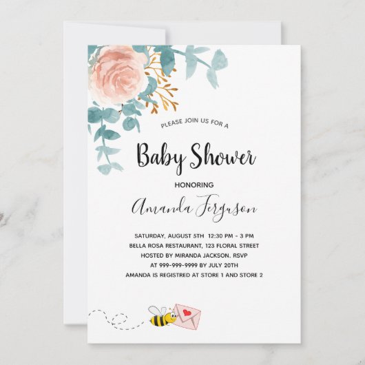 Invitation Baby shower rose fleurie verdure mignonne maman à  (Devant)