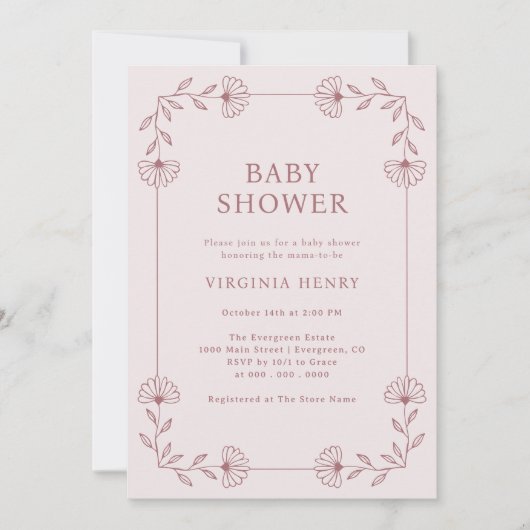 Invitation Baby shower rose floral (Devant)