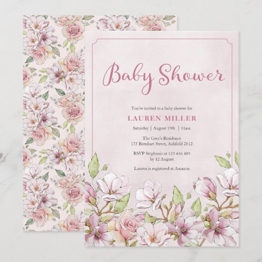 Invitation Baby shower rose Floral (Devant / Derrière)