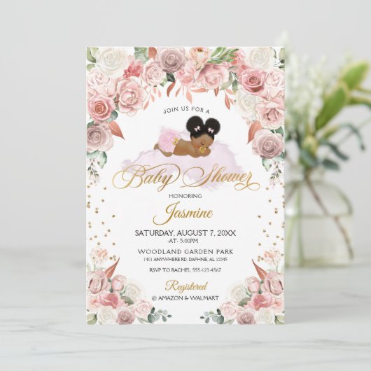 Invitation Baby shower rose Floral (Debout devant)