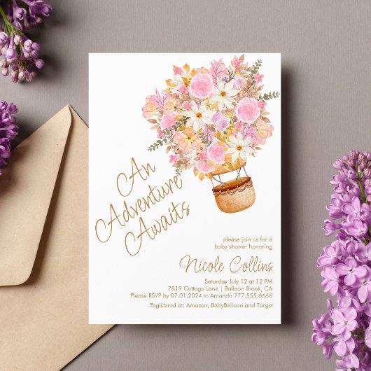 Invitation Baby shower rose Floral à air chaud