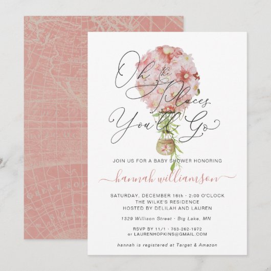 Invitation Baby shower rose Floral à air chaud (Devant / Derrière)