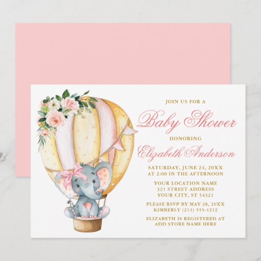 Invitation Baby shower rose floral à bulle d'éléphant de fond (Devant / Derrière)