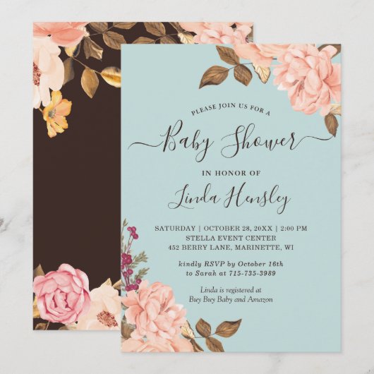 Invitation Baby shower Rose floral bleu clair Dusty (Devant / Derrière)