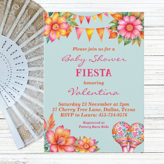 Invitation Baby shower rose Floral bleu mexicain Fiesta