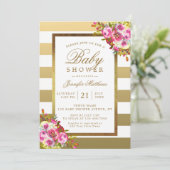 Invitation Baby shower Rose Floral Chic Gold White Stripes (Debout devant)