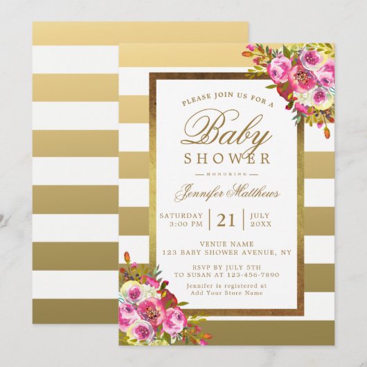 Invitation Baby shower Rose Floral Chic Gold White Stripes (Devant / Derrière)
