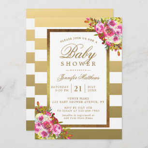 Invitation Baby shower Rose Floral Chic Gold White Stripes