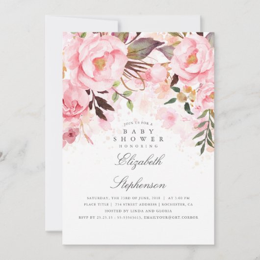 Invitation Baby shower rose floral élégant et moderne (Devant)
