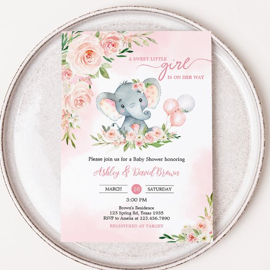 Invitation Baby shower rose floral éléphant ballon