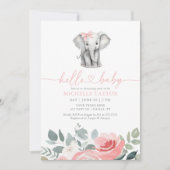 Invitation Baby shower rose floral Eléphant fille (Devant)