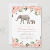 Invitation Baby shower rose floral Eléphant fille (Devant)