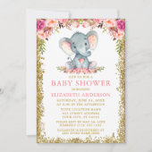 Invitation Baby shower rose Floral Eléphant Parties scintilla (Devant)