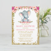 Invitation Baby shower rose Floral Eléphant Parties scintilla (Debout devant)