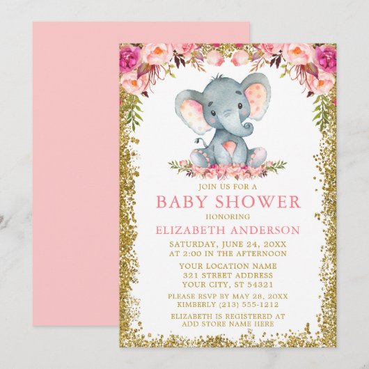 Invitation Baby shower rose Floral Eléphant Parties scintilla (Devant / Derrière)