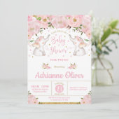 Invitation Baby shower rose Floral Eléphant Twin Girls (Debout devant)
