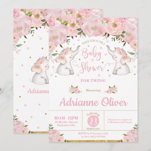 Invitation Baby shower rose Floral Eléphant Twin Girls (Devant / Derrière)