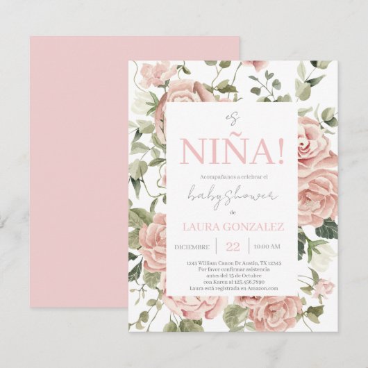 Invitation Baby shower rose floral fille espagnole (Devant / Derrière)