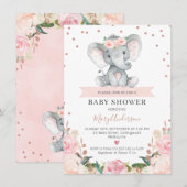 Invitation Baby shower rose Floral Girl Elephant (Devant / Derrière)