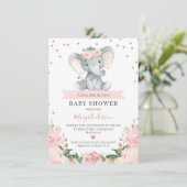 Invitation Baby shower rose Floral Girl Elephant (Debout devant)