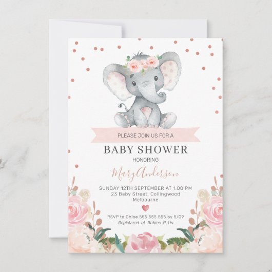 Invitation Baby shower rose Floral Girl Elephant (Devant)