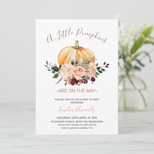 Invitation Baby shower rose Floral Little Citrouil (Debout devant)