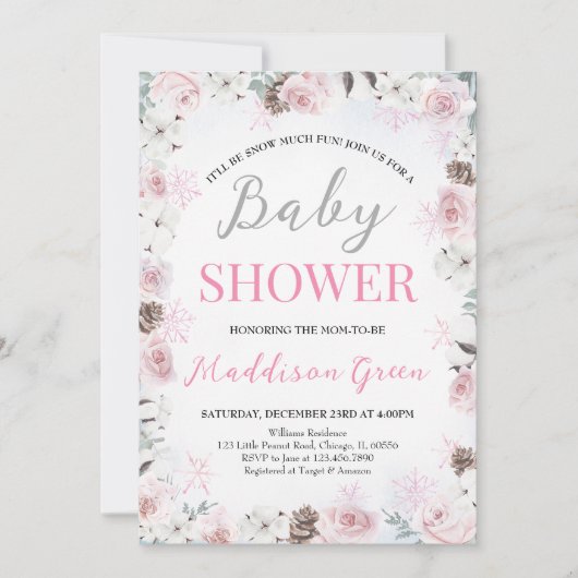 Invitation Baby shower rose floral Little Snowflake (Devant)
