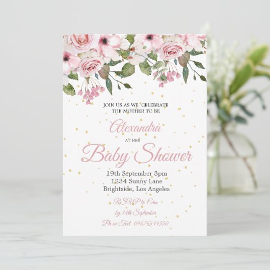 Invitation Baby shower rose floral or chic (Debout devant)