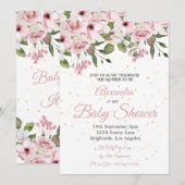 Invitation Baby shower rose floral or chic (Devant / Derrière)