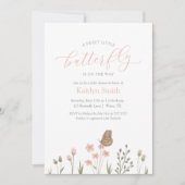 Invitation Baby shower rose floral papillon fille (Devant)